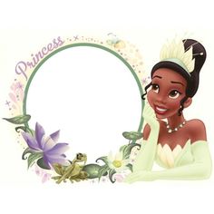 the princess and the frog is sitting in front of a round frame with flowers on it