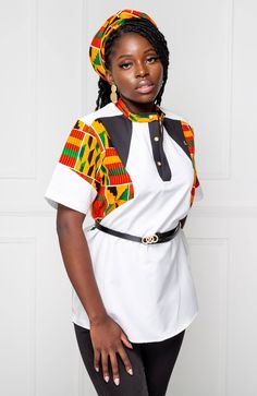 "African Kente Print Polo Shirt for Women Short Sleeve Asymmetric Grandad collar 100% Wax cotton Ankara White Button Down Casual Unisex Shirt wedding - KENYA This tailored fit features a vibrant Ankara pattern against crisp, white African Wax Cotton. It can be paired with shorts, jeans or formal trousers to become a closet staple all year round. This Asymmetric Short Sleeve Shirt is guaranteed to generate compliments for its unique style and aesthetic appeal.  Note: These shirts are unisex - ple Ankara Pattern, Chinese Collar Shirt, Kente Print, Formal Trousers, Printed Polo Shirts, White Button Down, Shorts Jeans, African Fabric, Shirt For Women