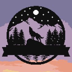 a cross stitch pattern with a wolf on top of a mountain in the night sky