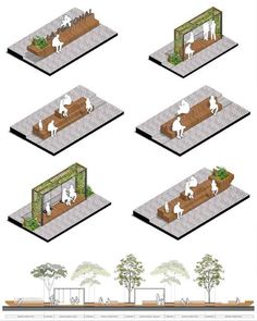 four different views of an outdoor area with animals and plants on the ground, in various stages