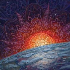 the sun is setting on top of the earth with intricate designs and patterns around it