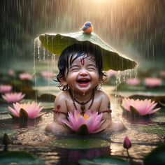 a baby sitting in the water with a hat on his head and holding a flower