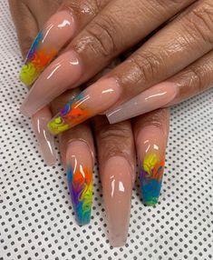 Nails With Tip Color, Fill In Nails Acrylic Ideas, Simple Acrylic Nails Ideas, Carnival Nails Designs, Summer Coffin Nail Ideas, Birthday Nails Designs, Carribean Nails, Long Summer Nails, Coffin Spring Nails