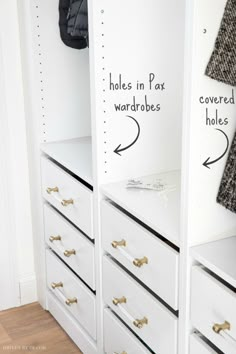 a closet with white drawers and gold handles, labeled holes in pax wardrobes