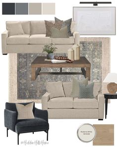 a living room with couches, chairs and rugs in neutral colors on the walls