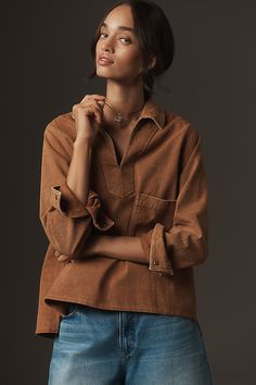 Cotton Chest patch pockets Pullover styling Machine wash Imported | Long-Sleeve Collared Popover Top by Forever That Girl in Brown, Women's, Size: 2XS, Cotton at Anthropologie Eyelet Maxi Dress, Fall Wedding Guest Dress, Japan Woman, Midi Ruffle Dress, Cotton Pullover, Plus Dresses, Plus Size Blouses, Girls Long Sleeve, Women Tops