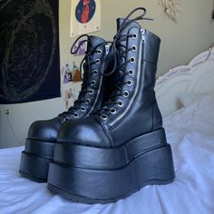 Grunge Shoes Boots, Big Chunky Black Boots, Alt Platform Shoes, Demonia Boots Aesthetic, Demonia Aesthetic, Big Platform Boots, Big Platform Shoes, Platform Shoes Aesthetic