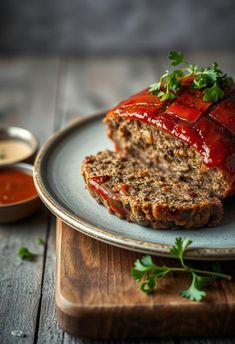 meatloaf on a plate with sauce and parsley