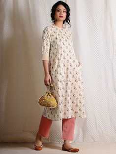 Ivory-Pink Printed Cotton Kurta with Pockets