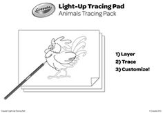 the light - up drawing pad is shown with instructions for how to draw an animal