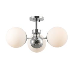 three light ceiling fixture in chrome finish with white glass balls on the top and bottom