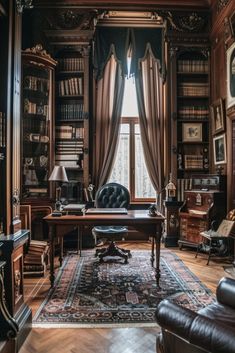 an old fashioned library with lots of bookshelves and leather chairs in the corner