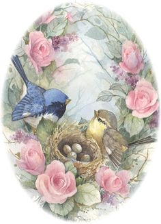 a painting of two birds sitting on top of a nest with pink roses around it