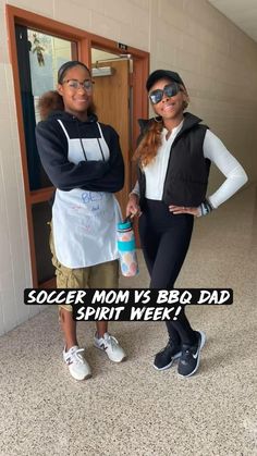 two people standing next to each other in front of a door with the caption saying, soozer mom vs bbq dad spirit week?