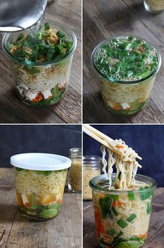 four images show different types of food being made in glass jars with chopsticks