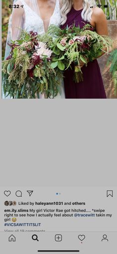 two women standing next to each other with flowers on their heads and one holding a bouquet