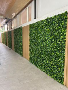 a wall covered in green plants next to a building