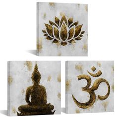 three canvases with gold and white designs on them, each depicting an ombrephant