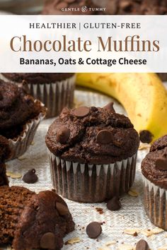 chocolate muffins with bananas, oats and cottage cheese in the foreground