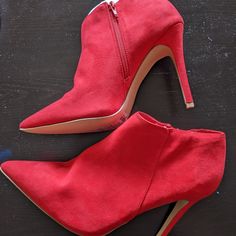 Red Faux Suede Booties Red Pointed Toe Heeled Boots For Spring, Red Ankle Boot Heeled Boots For Spring, Red Pointed Toe Booties For Fall, Chic Red Suede Heeled Boots, Casual Red Heeled Boots With Pointed Toe, Red Almond Toe Boots For Spring, Red Booties For Spring, Red Ankle-high Booties For Spring, Trendy Red Suede Boots