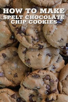 chocolate chip cookies stacked on top of each other with the words how to make spelli chocolate chip cookies