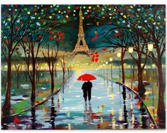 a painting of a person holding an umbrella in the rain near the eiffel tower