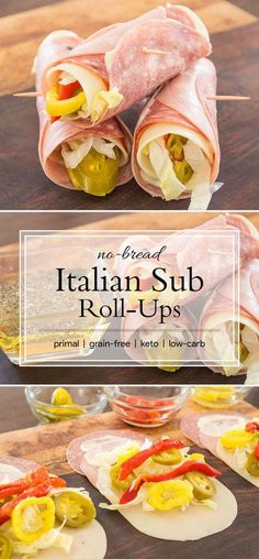 an image of italian sub rolls with peppers and olives on the side, cut in half