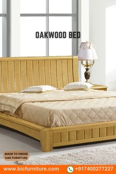 an oak wood bed frame is shown in this advertisement for the furniture company's website