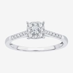 Ring Style: Engagement Rings, Side Stone Rings, Halo RingsDiamond Clarity: I2-I3Setting: Multi-SettingShape: CushionStone Cut: RoundDiamond Color: I-JMetal Color: WhiteCenter Stone Weight: 1/7 Ct.Ring Gallery Height: 5.9mmRounded Carat Weight: 1/3 Ct. T.w.Care: Wipe CleanStone Type: 21 Natural DiamondAuthenticity: Natural DiamondMetal: 10k White GoldCountry of Origin: Imported White Princess Cut Promise Ring, White Gold Princess Cut Cluster Promise Ring, Classic White Cluster Ring For Promise, White Classic Cluster Promise Ring, White Gold Promise Cluster Ring, White Gold Princess Cut Rings With Halo Design, Platinum Cluster Promise Ring, White Gold Promise Jewelry With Cluster Shape, White Gold Rings With Halo Design And Princess Cut