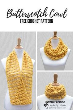 the butterscotch cowl crochet scarf pattern is shown on a mannequin