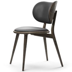 an upholstered chair with a black leather seat and wooden frame, viewed from the front