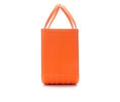 an orange tote bag with handles on the front and side, against a white background