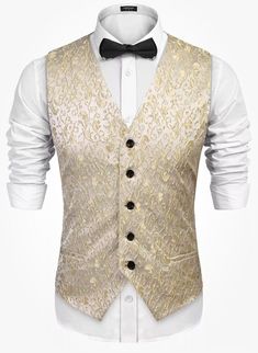 COOFANDY Slim Fit Floral Paisley Embroidered Tuxedo Vest, Ivory Jacquard Waistcoat in a Men’s Slim Fit Size Extra Large Jacquard Fabric: The paisley suit vest is made of premium jacquard fabric. 100% Polyester Button closure Stylish Design: The superior jacquard floral embroidered pattern makes this single-breasted tuxedo waistcoat look and feel more luxurious. You’ll stand out in a crowd for all the right reasons in this beautifully designed men’s vest. The tapered slim fit, adjustable back strap, 5 buttons give you a tailored look while the 2 pockets add style and function. Wear Tips: Pair this floral paisley vest with your dress shirts, a bow tie, suit pants and a pair of leather shoes for a timeless gentleman’s look. Wear this waistcoat under a tuxedo for a stylish and trendy Prom or W Casual Suit Vest, Paisley Suit, Dress Suit Vest, Gold Vest, Wedding Waistcoats, Tuxedo Vest, Floral Vests, Slim Fit Tuxedo, Slim Fit Jackets