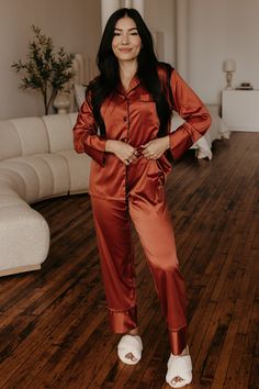 Our Burnt Orange Pajama Pants set is made from a luxuriously soft polyester satin fabric. With 20% spandex, they allow for an ease of flexibility and comfort that make them perfectly light and breathable for bedtime. Add a sentimental touch with our personalization option, making these pajamas the perfect gift for a loved one or keepsake for your own sleepwear collection. · Matte Satin fabric· Elastic waist bottoms· Imported· Printed text for personalization· Ships in 5-8 biz days Satin Pajama Pants, Pajamas Pants, Orange Satin, Mexico Wedding, Satin Pajamas, Matte Satin, Polyester Satin, Satin Fabric, Burnt Orange