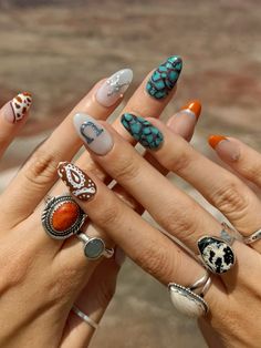 #nails #nailart #naildesign #nailsofinstagram #summer #summernails #nailinspo #inspiration #design #funnails #western #cowboy #country #cowgirl #cow #rings #ringsjewelry #jewelry Cow Finger Tattoo, Country Aesthetic Nails, Punchy Fall Nails, Subtle Western Nails, Rodeo Inspired Nails, Western Patriotic Nails, Short Nails Western, Cowboy Inspired Nails, Western Press On Nails