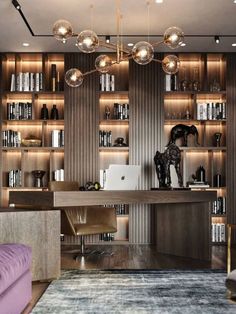 a modern home office with wooden shelves and purple couches in front of the desk