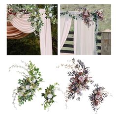 wedding decorations with flowers and greenery hanging from the ceiling