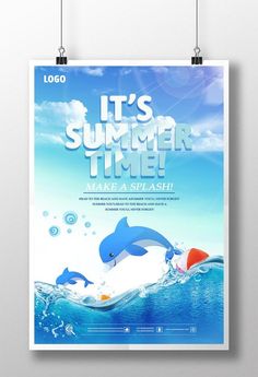 a poster with two dolphins swimming in the ocean, and it's summer time