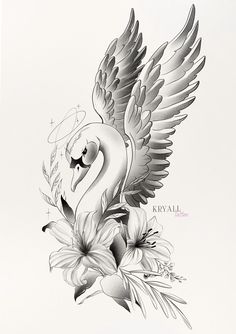 a black and white drawing of a swan with flowers on it's back side