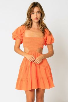 Lindsey Orange Cutout Puff Sleeve Dress -  BohoPink Summer Puff Sleeve Dress With Gathered Sleeves, Ruched Puff Sleeve Short Dress For Vacation, Ruched Puff Sleeve Dress For Vacation, Cotton Puff Sleeve Dress With Smocked Back, Beach Puff Sleeve Dress With Smocked Bodice, Vacation Puff Sleeve Dress With Smocked Bodice, Puff Sleeve Dress With Smocked Bodice For Beach, Summer Puff Sleeve Dress With Smocked Back, Orange Cutout Dress