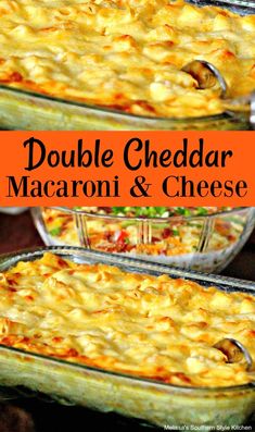 double cheddar macaroni and cheese casserole with text overlay