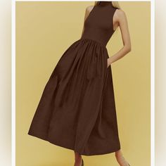 Women's Sleeveless Turtleneck Maxi Dress Casual Solid Flowy Mock Neck Long Dress With Pockets Sz M Chocolate In Color Sleeveless Mock Neck Dress, Sleeveless Solid Color Midi Dress For Work, Summer High Neck Maxi Dress, Sleeveless Solid Color Midi Dress For Spring, Solid Sleeveless Cotton Midi Dress, Chic Sleeveless Midi Dress In Solid Color, Sleeveless Stretch Cotton Midi Dress, High Neck Solid Maxi Dress For Spring, Brown Sleeveless Stretch Maxi Dress