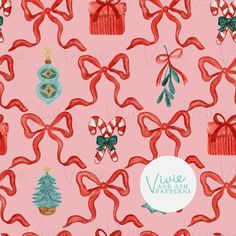 a pink background with red bows and christmas ornaments