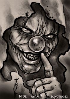 a drawing of a creepy clown pointing to the side with his index finger in one hand