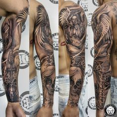 three different views of a man's arm and shoulder with tattoos on both sides