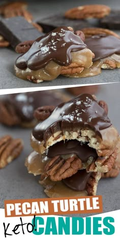 two pictures of pecan turtle cookies with chocolate drizzle and pecans on top