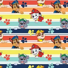 the paw patrol pattern is shown on a striped background with dogs in different colors and sizes