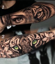 an arm tattoo with a tiger and flowers on it