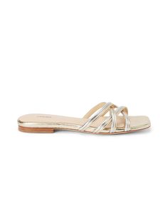 A fresh spin on the classic flat sandal, the Abelle features two-tone metallic satin, crisscross vamp, and modern square toe. Slip it on with your favorite jeans and tee for a sophisticated touch. | L'AGENCE Abelle Flat Sandal In Gold/Silver Crackle