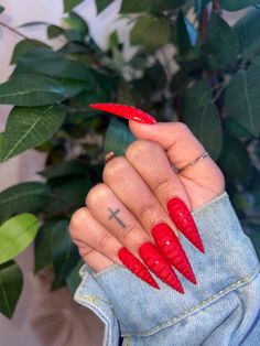 Long stiletto nails Red Ballerina Nails Long, Stilleto Red Nails Designs, Red Long Nail Designs, Red Textured Nails, Red Nails Stiletto Almond, Long Red Square Nails, Coffin Red Nails Design, Red Curved Nails, Red Nails Pointy